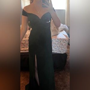 Off the shoulder  dress,slit on left leg.Never worn, Seasonal dress only